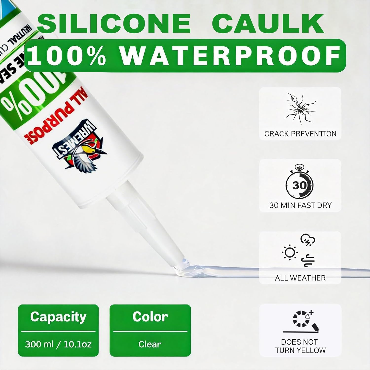 Silicone Caulk,10 fl oz Cartridge,12 Pack,Clear,100% Silicone Sealant Waterproof,Shrink & Crack Proof,Adhesive Sealant for Kitchen and Bathroom, Shower,Toilet, Sink, Window and Door