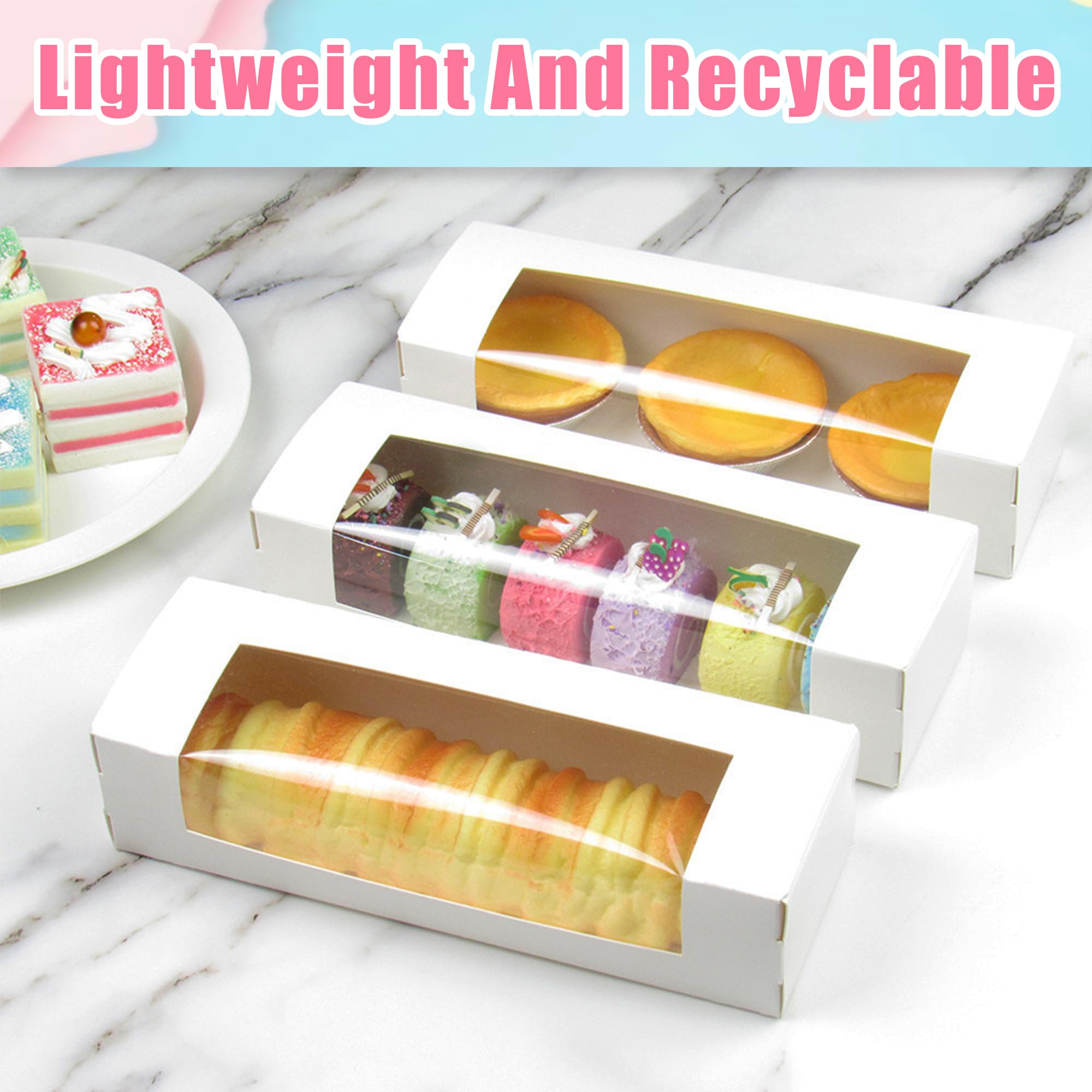 Lot de 20 boîtes à macarons pour 7 macarons avec autocollants, 21,8 x 7,1 x 5,1 cm, petites boîtes à dessert avec fenêtre, emballages de pâtisseries pour cupcakes, muffins, beignets