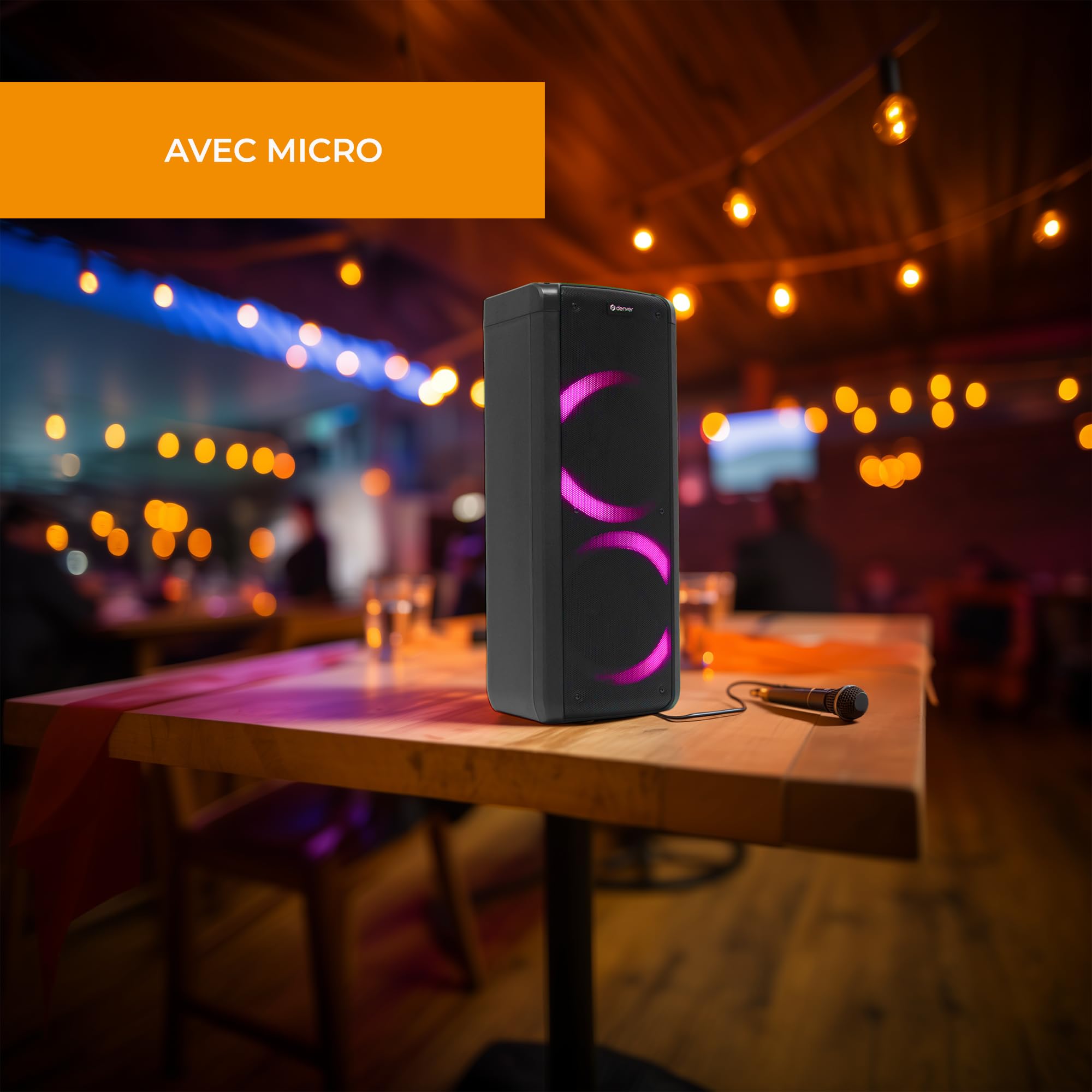 Denver Party-Speaker BPS-352 mit Bluetooth, Party-Lautsprecher, Karaoke | Karaoke Box mit Mikrofon, LED Lichteffekt, TWS Stereo Kopplung, 2x 6,5 Zoll Woofer, USB, MicroSD, AUX, Akku