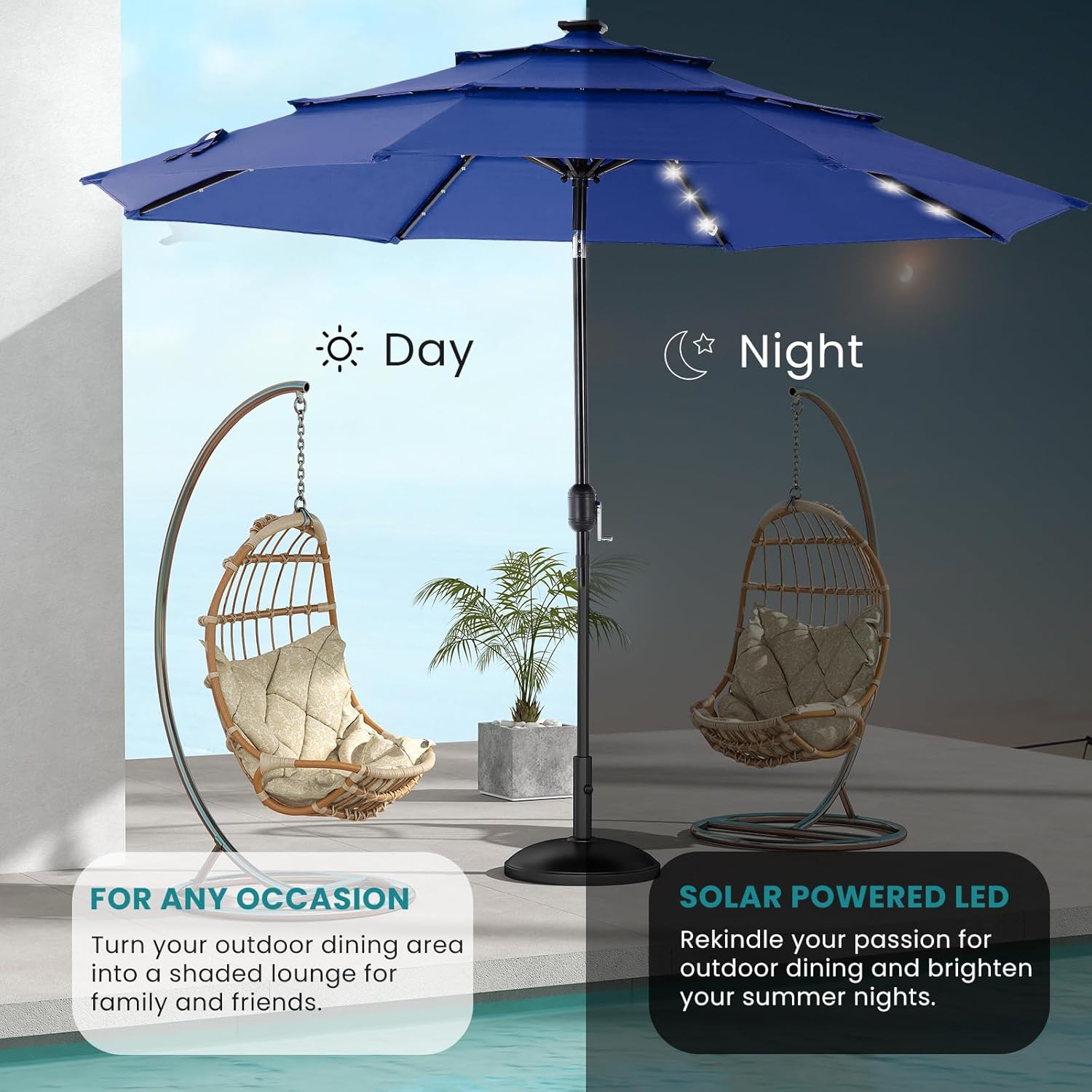 DUMOS 10FT 3 Tier Patio Umbrella with 32 LED Lights, 8 Ribs Outdoor Table Umbrella with Crank, Waterproof Market Umbrella for Pool, Beach, Terrace and Outdoor Restaurant, Navy Blue
