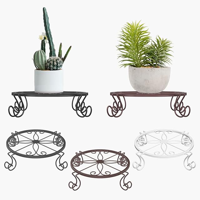 Lewondr Potted Plant Stands, 3 PCS Steel Flower Pot Stands for Larger Flower Pot, 9 Inch Classic Style Rust-Resistant Iron Plant Supporters Outdoor Indoor Patio Garden, Black+Brown+White