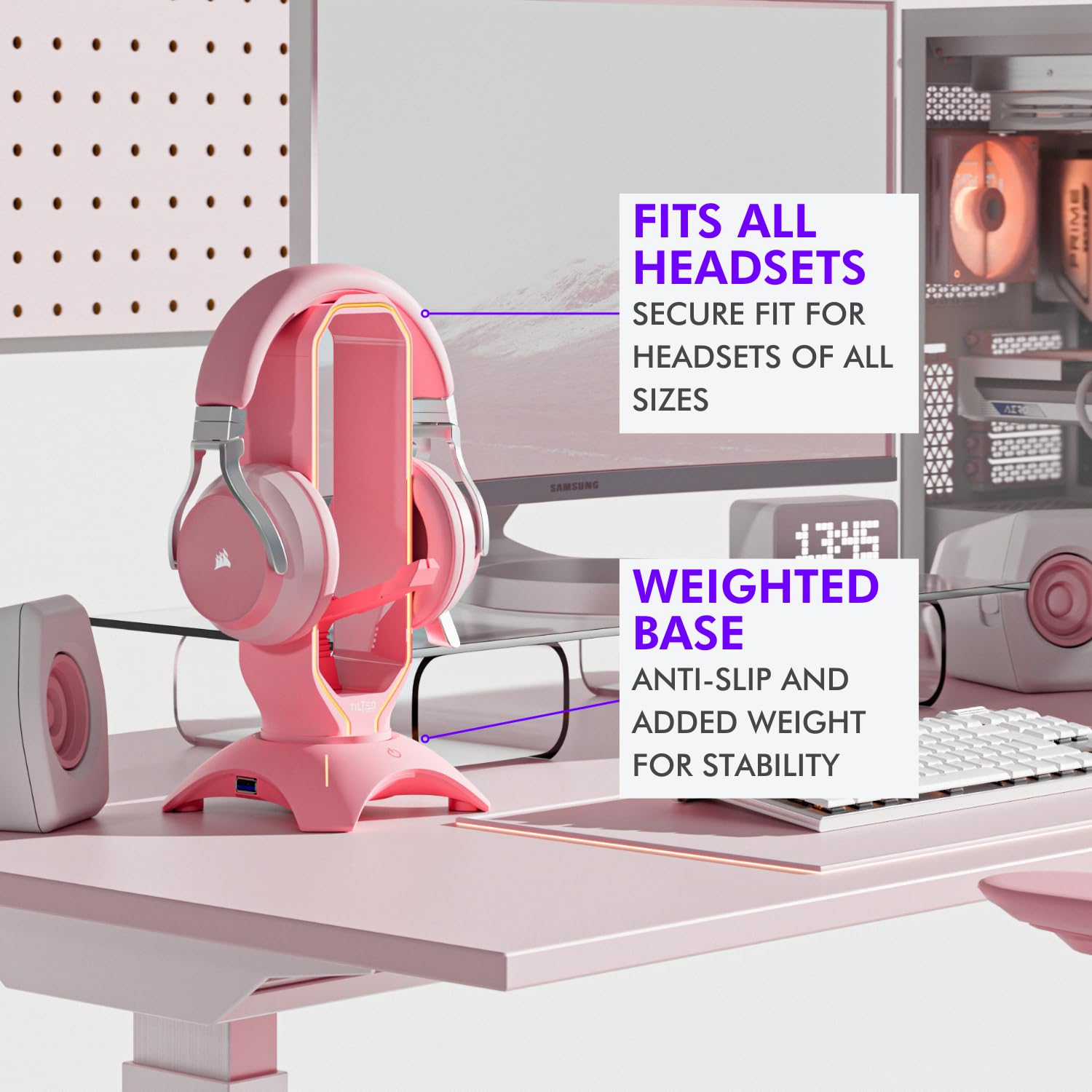 Tilted Nation RGB Gaming Headset Stand 3 in 1 rosa Kopfhörer Ständer mit Maus Bungee und 2 Port USB Hub Ladegerät Das ultimative Gaming Zubehör und Gamer Geschenk RGB Kopfhörerhalter für Schreibtisch