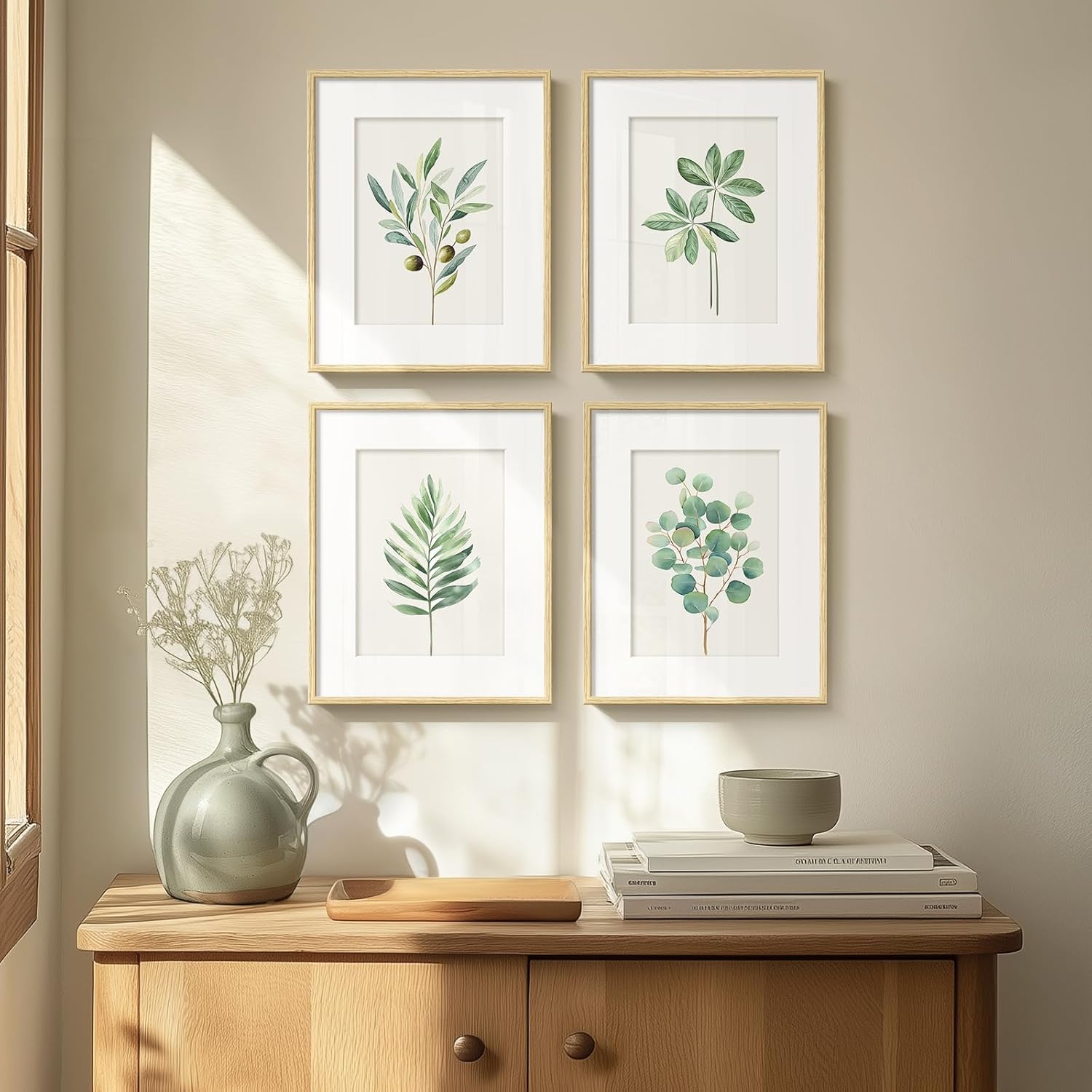 Framed Sage Green Botanical Wall Art for Bathroom, Farmhouse Plant Artwork for Bathroom Decor, 4 Piece Minimalist Vintage Leaf Picture Prints for Bedroom Kitchen Living Room Wall Decor, 8x10 Inch