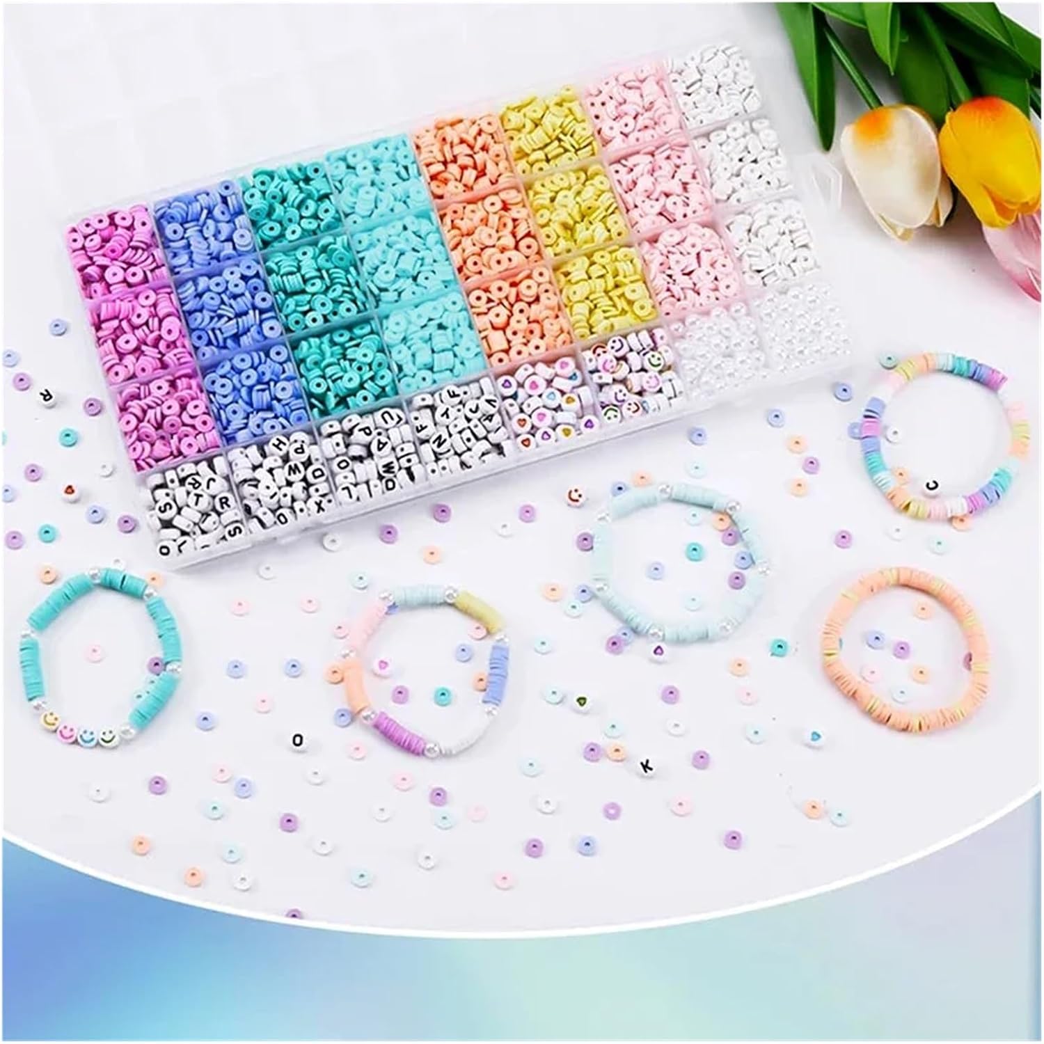 Yiodauh Bracelet Making Kit 3860Pcs Macarons Color Polymer Clay Beads Set Flat Chip for Unique Bracelet Necklce Making Letter DIY Accessorie