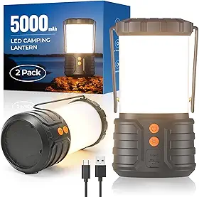 Tobeape Lampião LED Recarregável 5000mAh, Lanterna Camping e Acampamento com 3 Cores de Luz, IP65 à Prova d’Água, Luz de Emergência Portátil para Falta de Energia, Barraca, Pesca e Trilha, Kit com 2