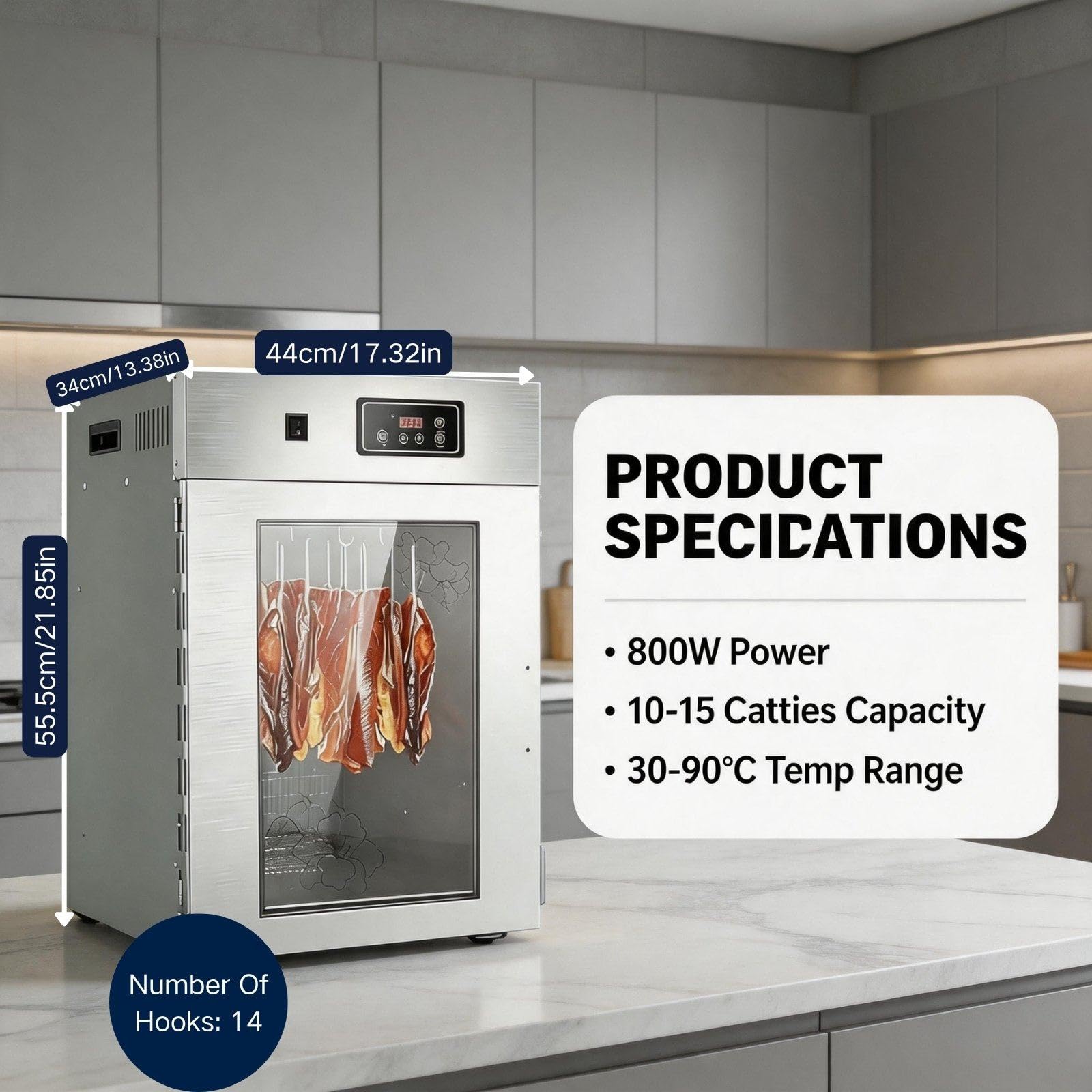 Armadio Essiccatore Professionale 15 kg per Stagionatura a Secco | Inox, Temperatura 30-90°C, Silenzioso (<40 dB), 14 Ganci. Ideale per Salsicce, Pancetta, Carne Essiccata e Snack Cani