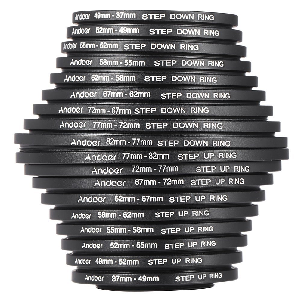 Andoer® 18pcs Step Up/Step Down Lens Filter 37 49 52 55 58 62 67 72 77 82mm Metal Adapter Ring Kit