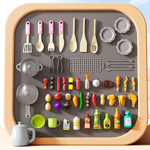 Miniatura 6 de Juego de cocina para niños, juego de cocina 2 en 1 con sonido y luz, fregadero de paly con 60 piezas de juguete de comida y accesorios de cocina,