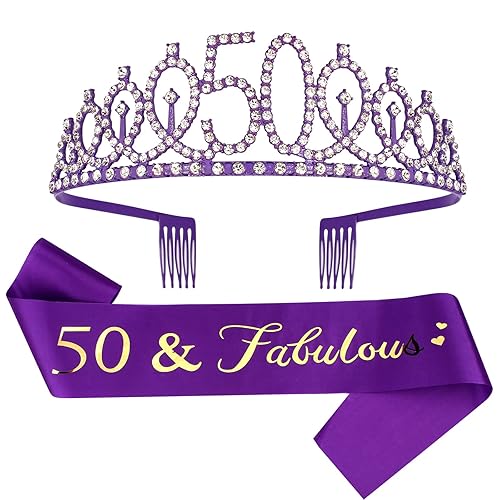 Miniatura 360 de CIEHER Juego de corona de cumpleaños 50 + banda de 50 y fabulosa banda + pin de perlas, tiara, regalos de 50, decoraciones para mujeres amigas