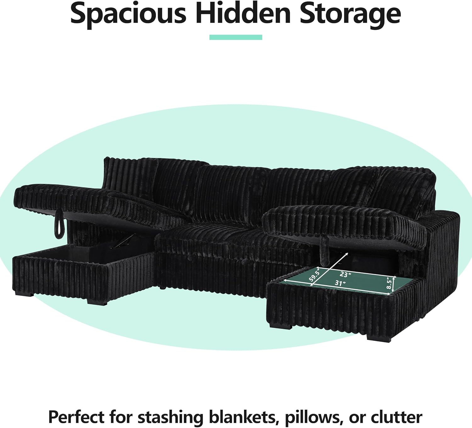 U Shaped Sleeper Sofa, 122" Oversized Sectional Sofa, Pull-Out Bed, Modular Sectional Couches, Double Storage Chaise Lounge, Pillows, Plush Corduroy Sofa Couch for Living Room, Office, Black