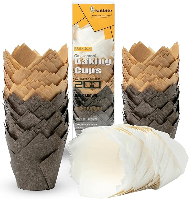 Katbite Tulip Cupcake Cases 200pcs Muffin Liners Disposable Baking Cups for Christmas Party Birthday Greaseproof Muffin Cup in White, Light Brown, Dark Brown