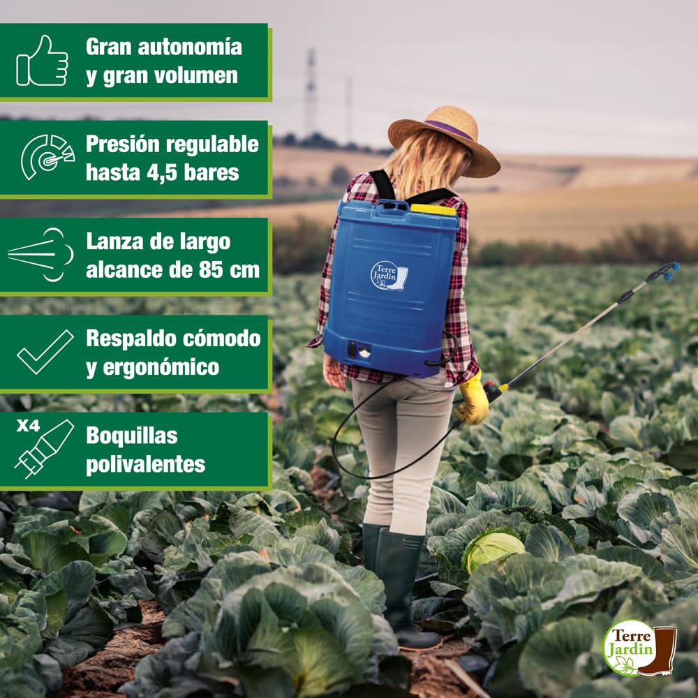 TERRE JARDIN Pulverizador Eléctrico Recargable 16L - Pulverizador de Jardín de Mochila a Batería 12V con Lanza Telescópica y 4 Boquillas - Pulverizador para Techos, Plantas y Desherbado