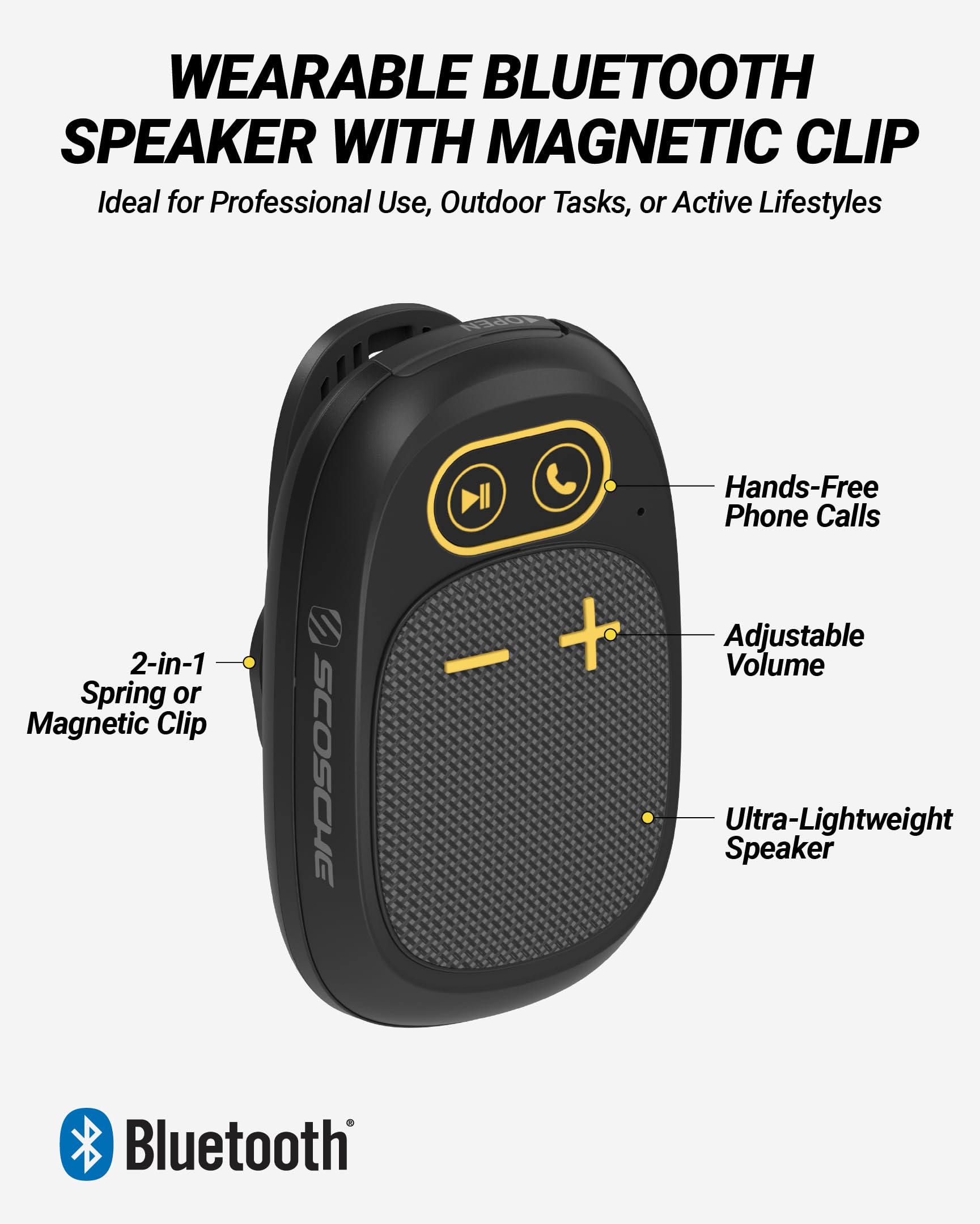 Scosche Magnetic Clip-On Wearable Bluetooth Speaker with Built-in Mic for Hands-Free Calls, IP65 Waterproof & Dustproof Jobsite Speaker for Work and Outdoors, Compact and Lightweight Portable Design view 2