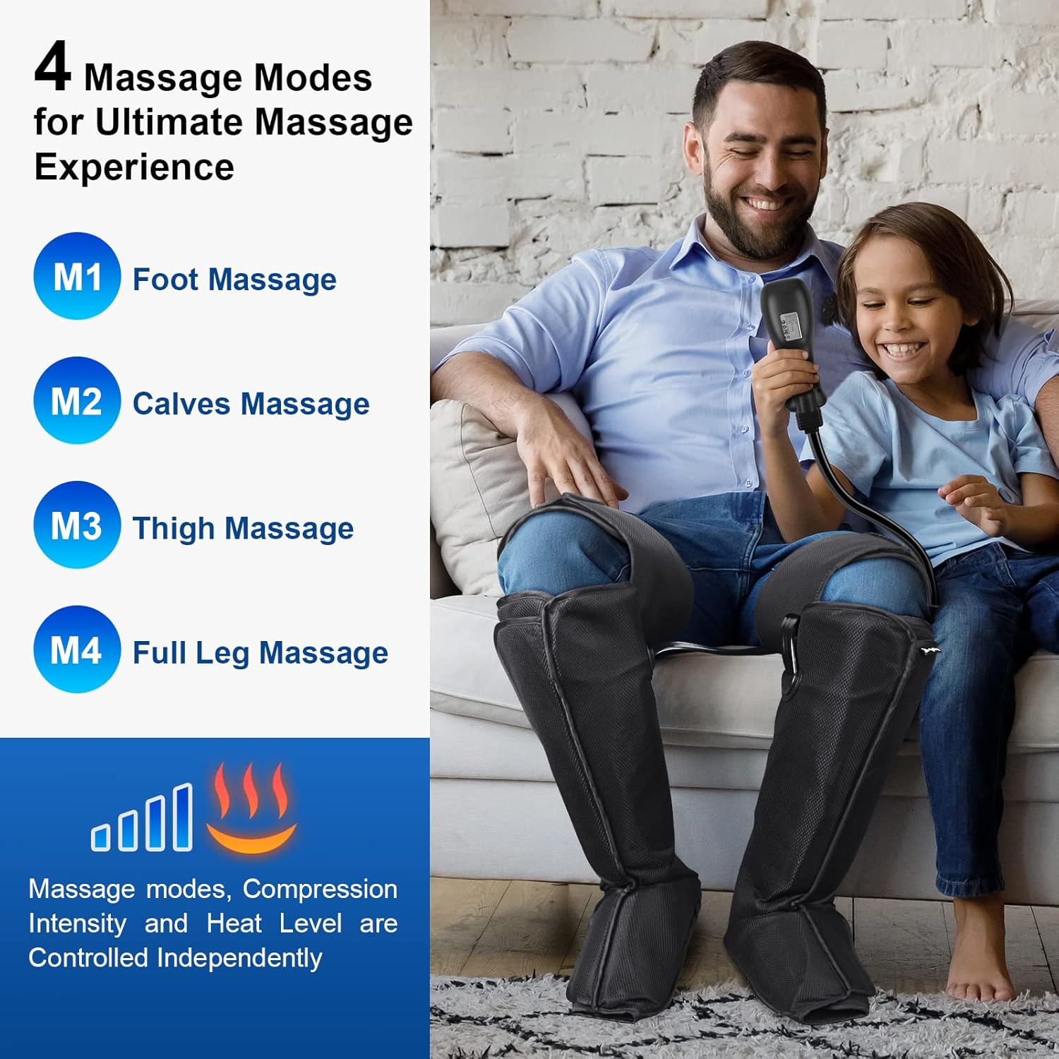 Woman relaxing in a chair with the leg massager on, showing heat radiating from her legs. The image details two heat modes: Low (104-110°F) for daily care and High (122-131°F) for stimulating blood flow.