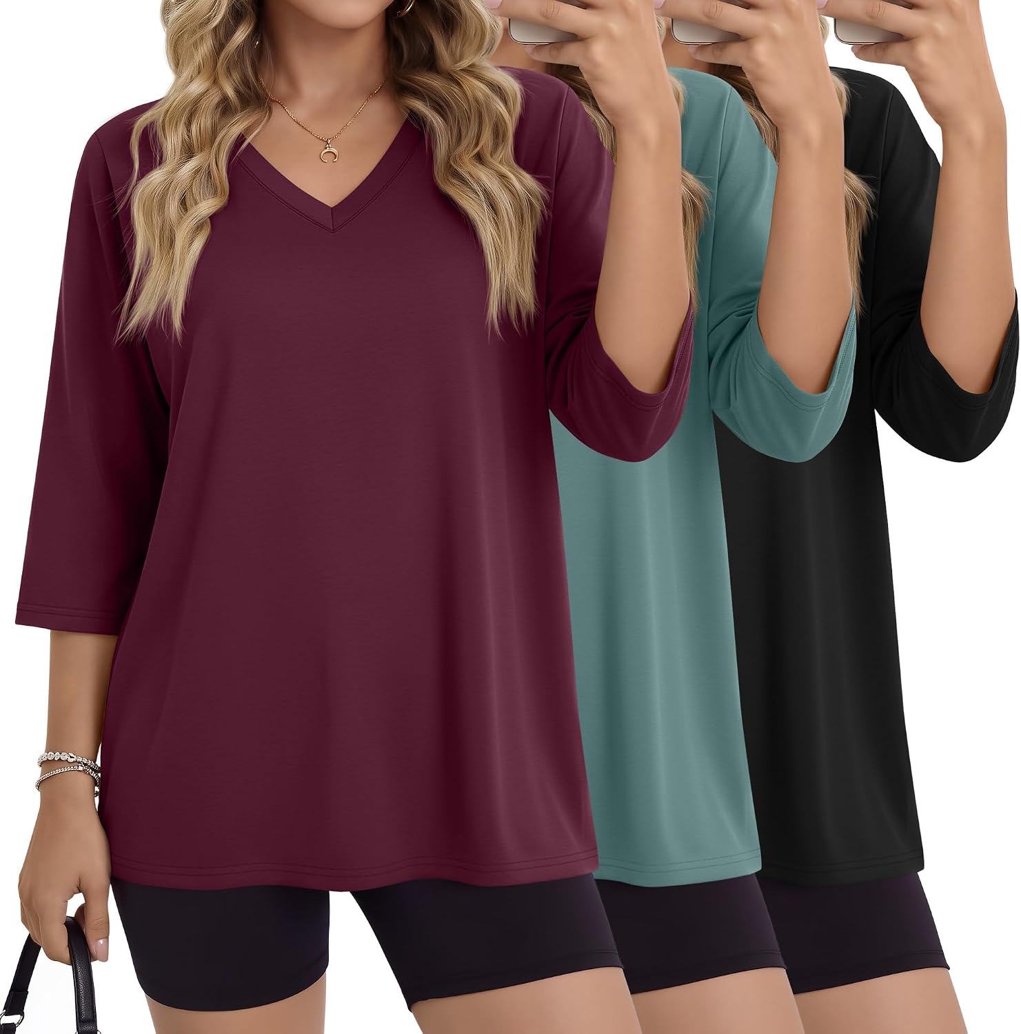 3 Pack Oversized 3/4 Length Sleeve Tops for Women Dressy Casual V Neck Basic Tees Loose Fit Cotton T Shirts