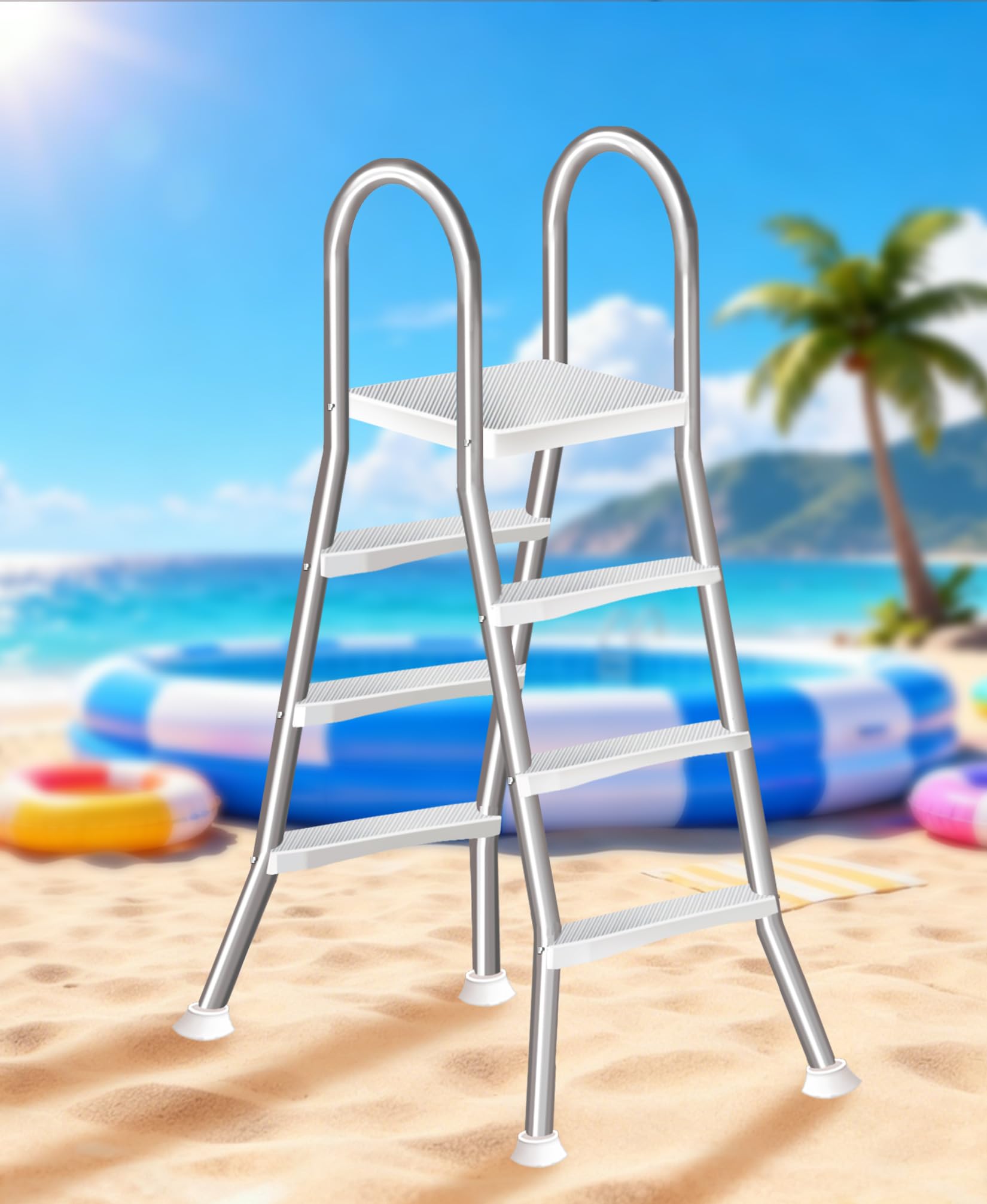 Above Ground Swimming Pool Ladder Stairs, 4 Steps Double Side Anti-Slip Design, 304 Stainless Steel Frame, 250kg Load, for 135cm High Pool Wall,110cm