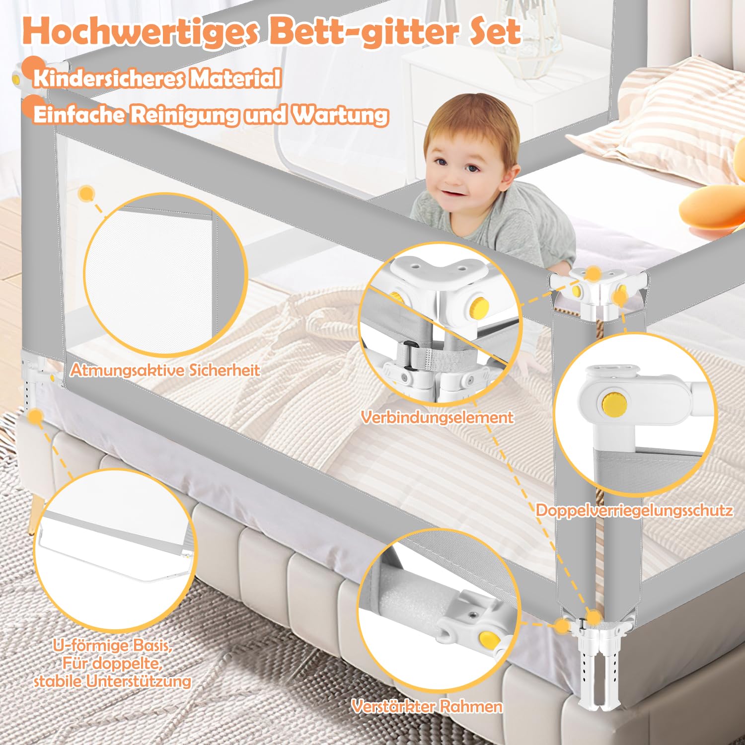 Griglia per letto 200 cm x 2 + 150 cm x 1, pieghevole con base a forma di U, griglia di protezione per lettino, altezza regolabile 68-95 cm, per bambini e letti dei genitori, grigio