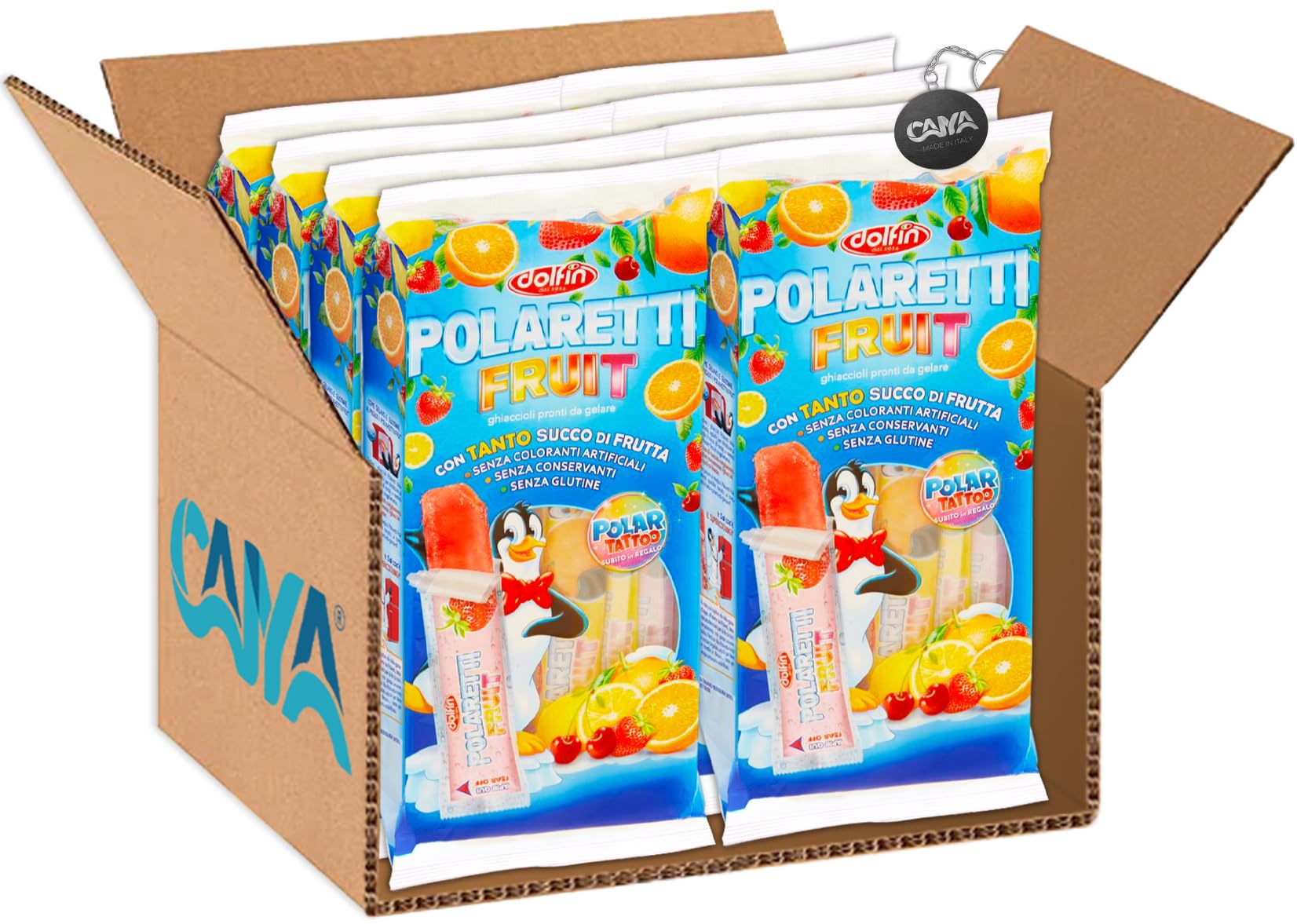 Dolfin Polaretti Fruit Confezione con 10 Ghiaccioli al gusto di Frutta (Arancia, Fragola, Amarena, Limone) 400ml (2024) [CAIYA® BOX da 8 Confezioni]