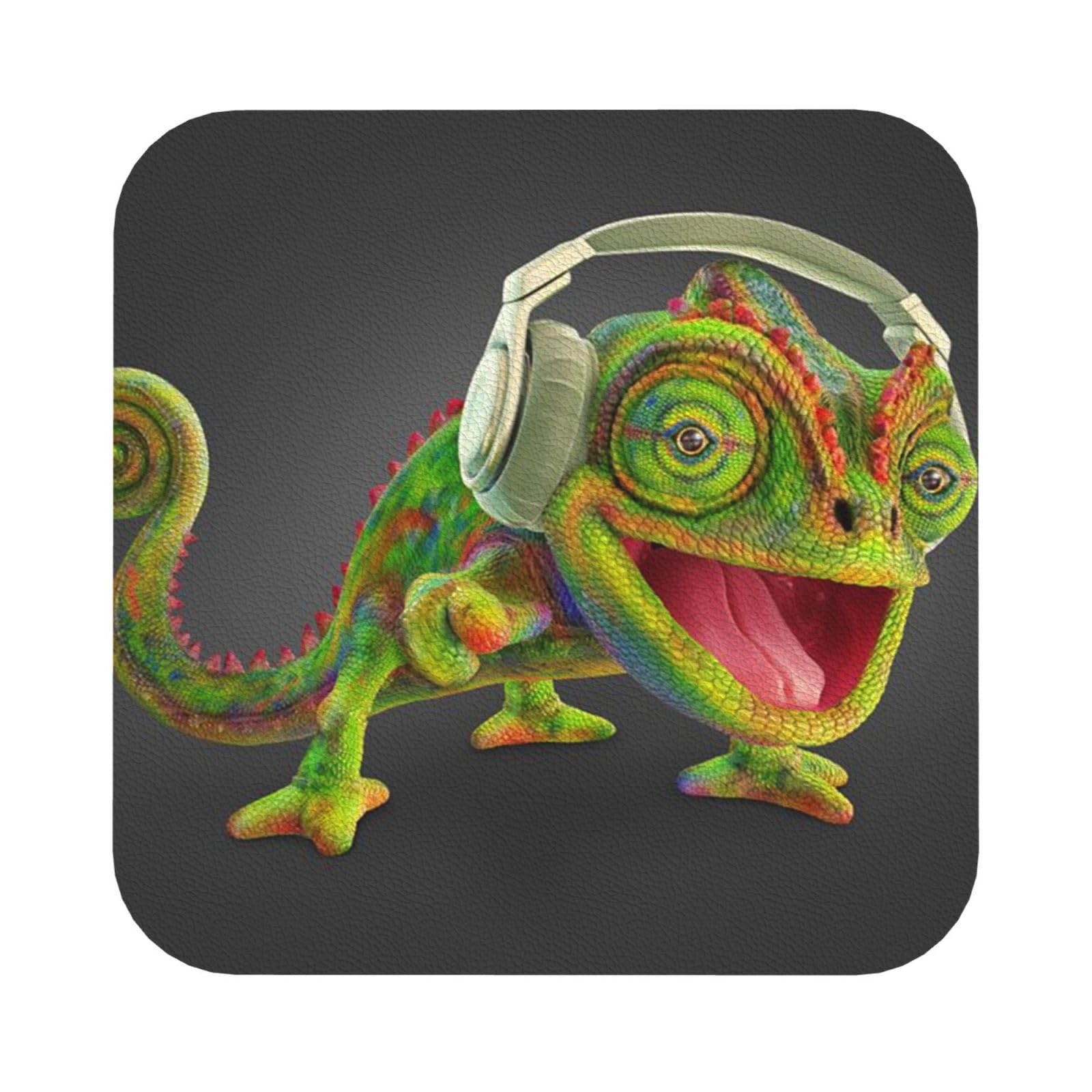 Chameleon listen music PU Leather Coasters Set of 6 Square Drink Coasters