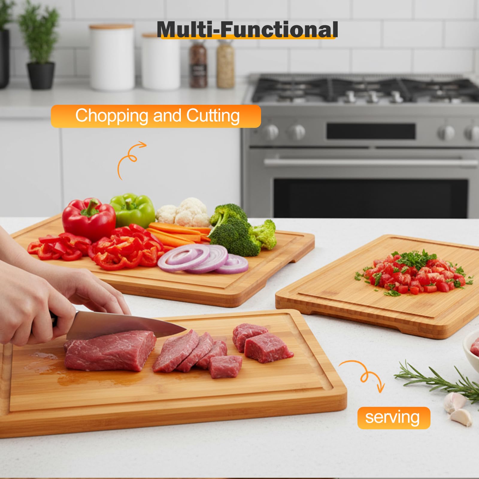 Set di 3 taglieri in legno di acacia con supporto, taglieri da cucina di alta qualità con scanalatura per succo e olio, taglieri in legno certificato FSC per carne e verdura