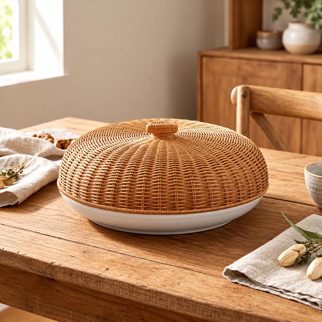 Okrągła osłona kopuły spożywczej 52 cm, imitacja rattanu do serwowania