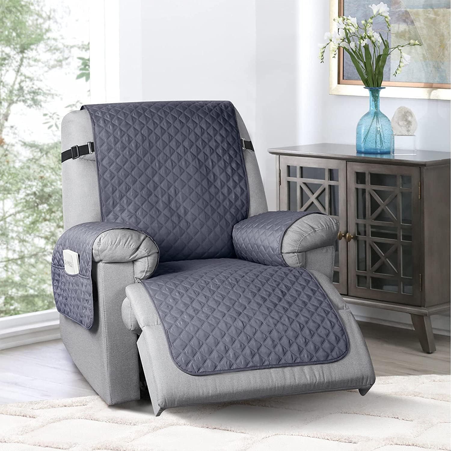 One Piece Recliner Chair Cover Quilted Recliner Slipcover Non-Slip Recliner Couch Covers with Elastic Strap and Non Slip Backing for Living Room (Color : Bluish Grey, Size : 28" Recliner)