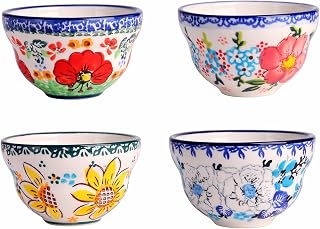 silesia Handmade Bowls Set, 4 oz Ceramic Hand-Painted Small Bowls for Dessert Chili Dipping Sauce,Mini Bouillon Cups Ice Cream Bowls Ramiken in Gift Box, Dishwasher Safe Set of 4, Assorted Flowers