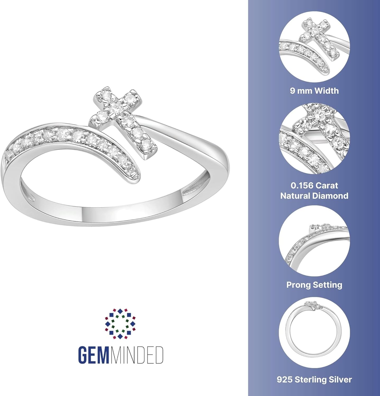 Lavari Jewelers 1/6 Carat Natural Diamond Christian Faith Cross Purity Ring for Women I 925 Sterling Silver (H-I, I2-I3, 0.16 cttw) Wedding Ring for Her I Engagement Anniversary Band Size 5 to 9