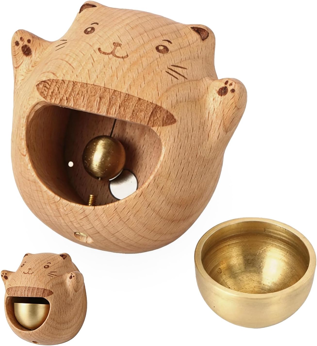 Magnetic Beech Wood Cartoon Cat Shopkeepers Bell Entry Door Opening Chime Decorative Small Metal Bell for Store Front and Home Door