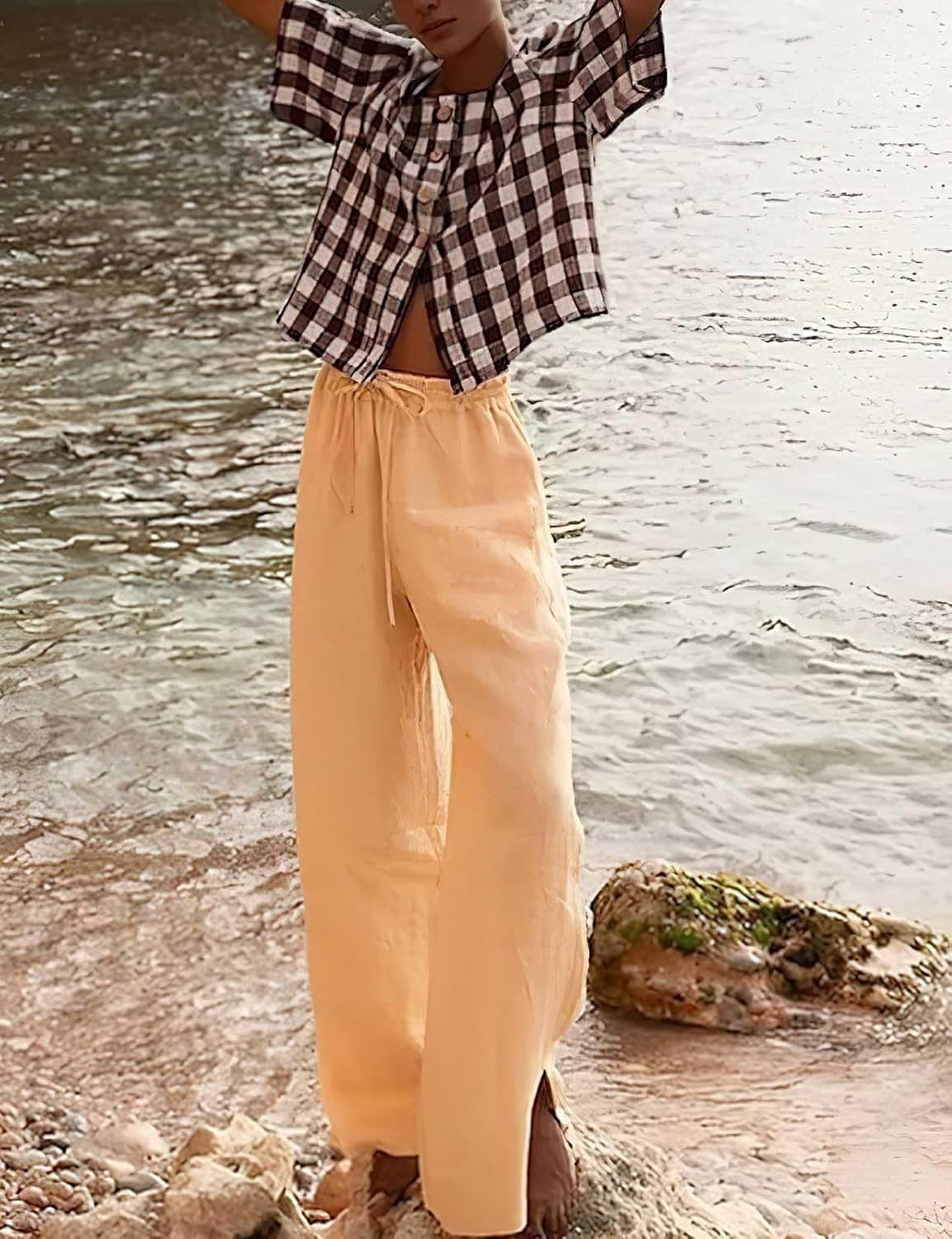 chouyatou Women's Gingham Button Down Shirt Cotton Shirt Plaid Blouses Short Sleeve Summer Tunic Tops - Image 2