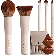 BS-MALL Travel Makeup Brushes Premium Synthetic Foundation Powder Concealers Eye Shadows 7 PCS with Triangle Puff & Storage Bag (Beige)