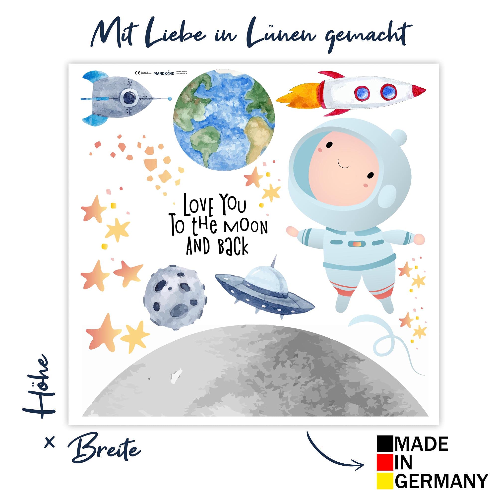 Astronaut Wandtattoo V295 | handgezeichnet | AUFKLEBER Kindergarten | Wandsticker Kinderzimmer Weltraum Rakete Mondreise Erde Sterne Raumschiff Planeten (100 x 100 cm)