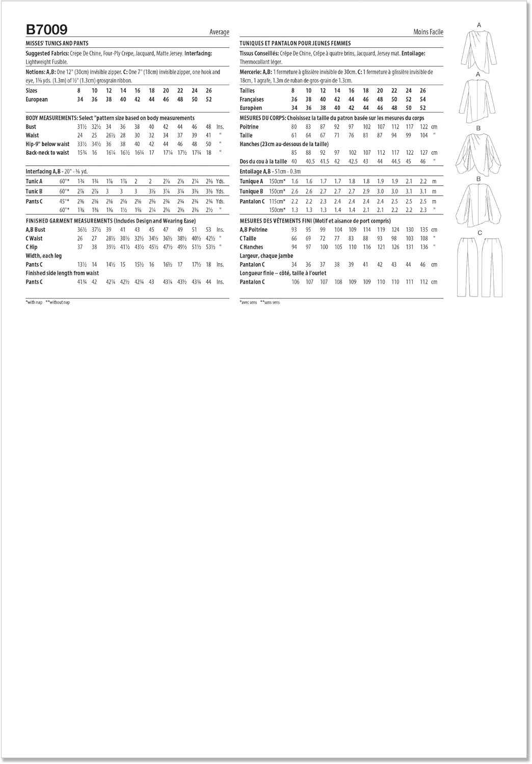 Butterick B7009K5 Misses' Asymmetric Tunics and Tapered Pants Sewing Pattern Packet, Design Code B7009, Sizes 8-10-12-14-16