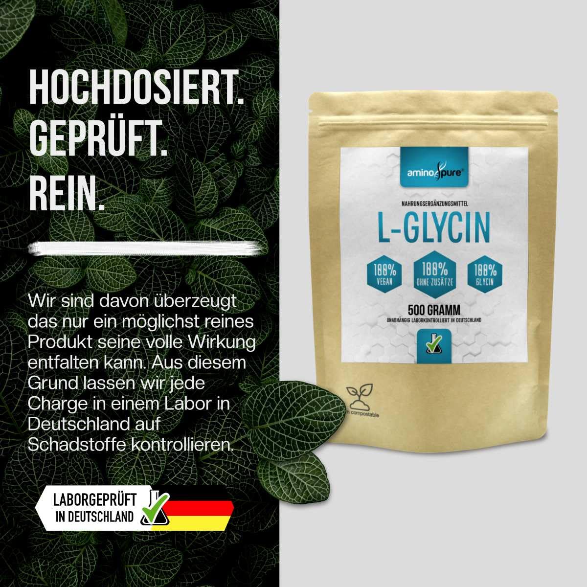 Czysty proszek L-glicyny | 100% wegański i bez zbędnych dodatków | sprawdzony laboratoryjnie pod kątem substancji szkodliwych z certyfikatem | 500 g