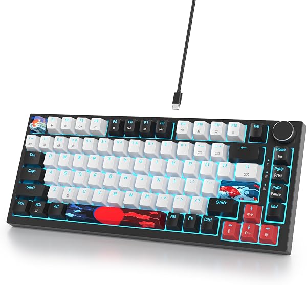 Solidee - Teclado mecánico con cable 75% intercambiable a caliente,Teclado retroiluminado RGB con interruptor rojo,TKL 82 teclas,Teclado compacto NKRO con botón de control de volumen (82 Black_White) - 1