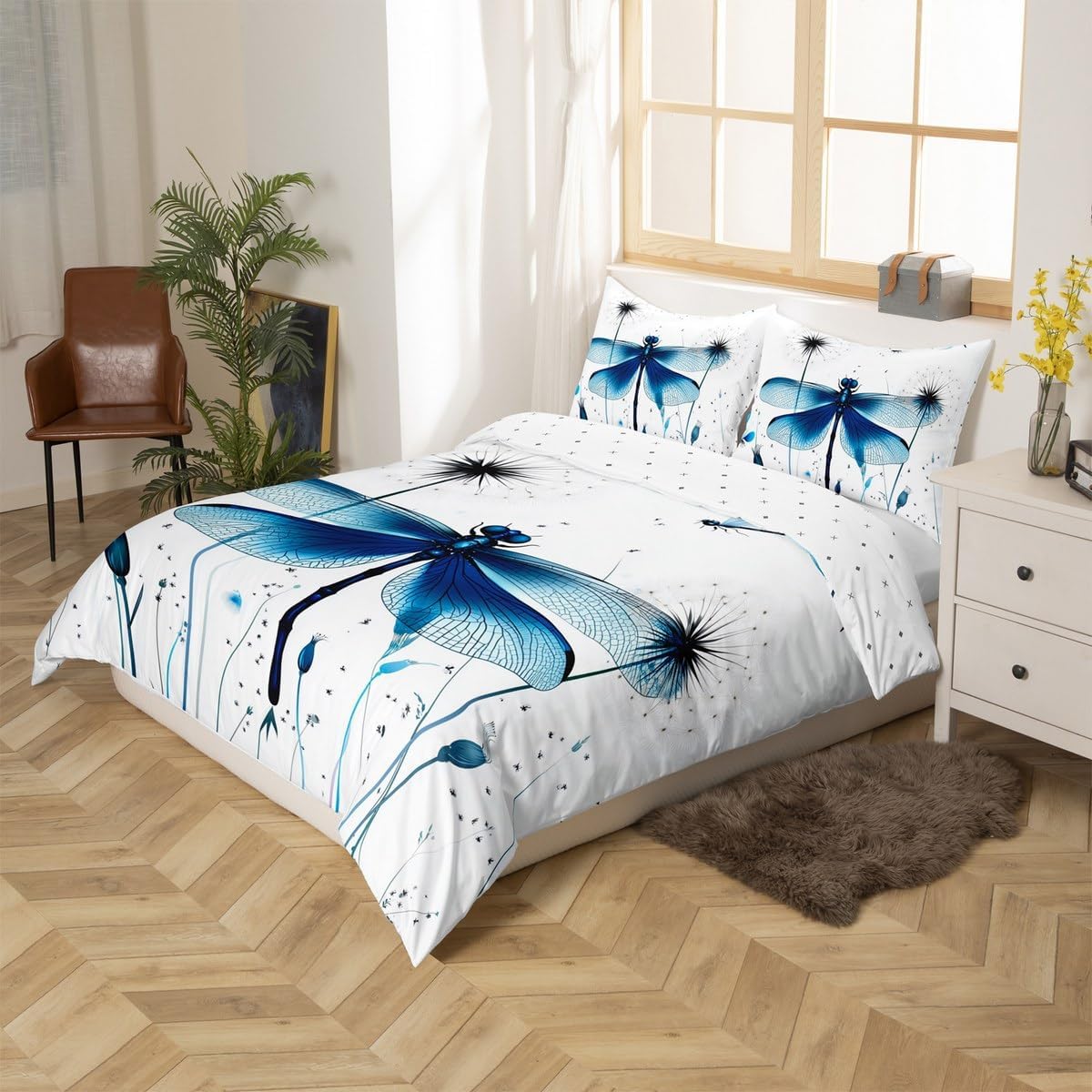 Navy Dragonfly Comforter Cover Queen Size Dandelion Bedding Set For Kids Boy Girls Room Decor Flower Wild Animals Duvet Cover Set Field Floral Fresh Natural Pastoral Spring Quilt Cover 3 Pieces Blue
