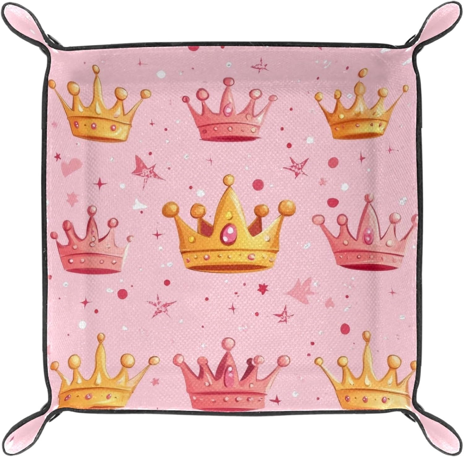 Dice Trays Pink Background Princess Crown Holder Storage Box for Dice Games Like RPG DND, Microfiber Leather Dice Holder Portable Folding Rolling Dice Tray, 16x16cm