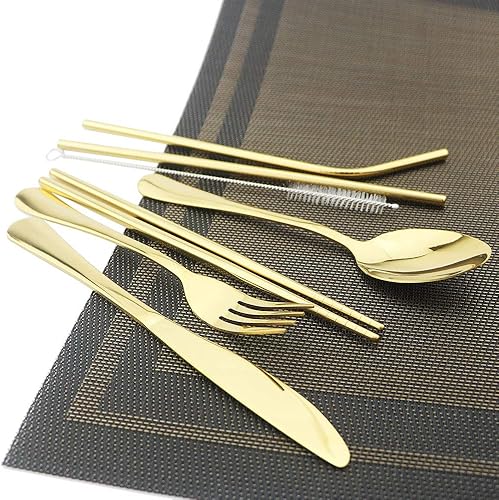 Miniatura 4 de JASHII Utensilios portátiles, juego de cubiertos de viaje y campamento, 8 piezas, incluyendo cuchillo, tenedor, cuchara, palillos, cepillo de