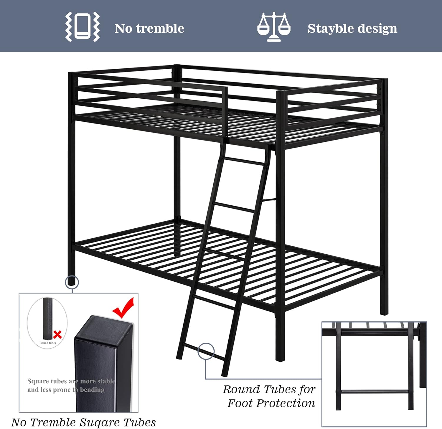 Allewie Metal Bunk Bed Twin Over Twin Size for Junior & Adults with Ladder and Heavy Duty Guardrail, Small Space Saving Design for Bedroom Kid Room and Dorm, Black