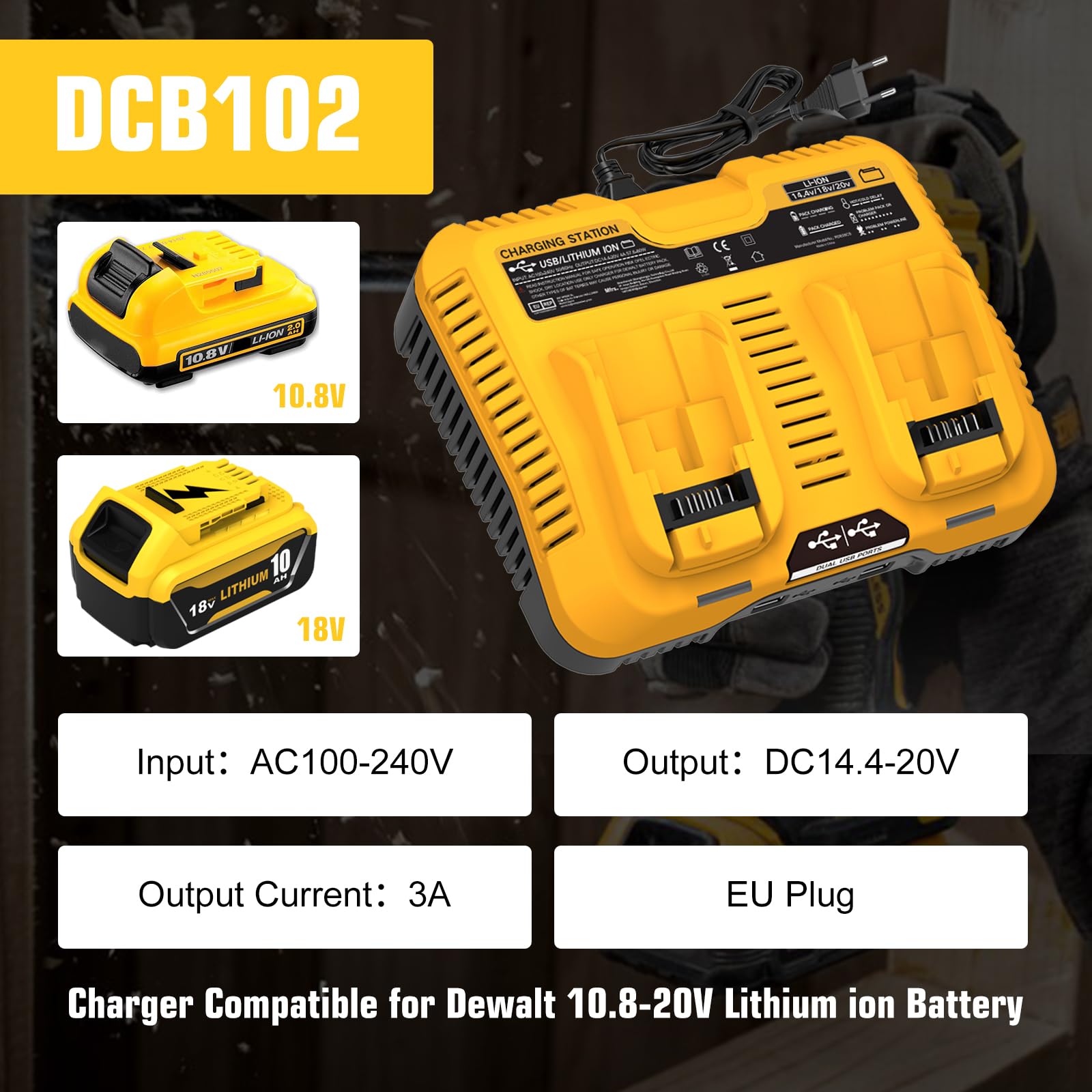 Batterie 2 pièces 10,0Ah de Rechange pour Dewalt Batterie 18V + 1 pièce 3A DCB107 pour Dewalt Chargeur 10,8~20V Chargeur de Batterie avec Affichage LED (Tout Jaune)