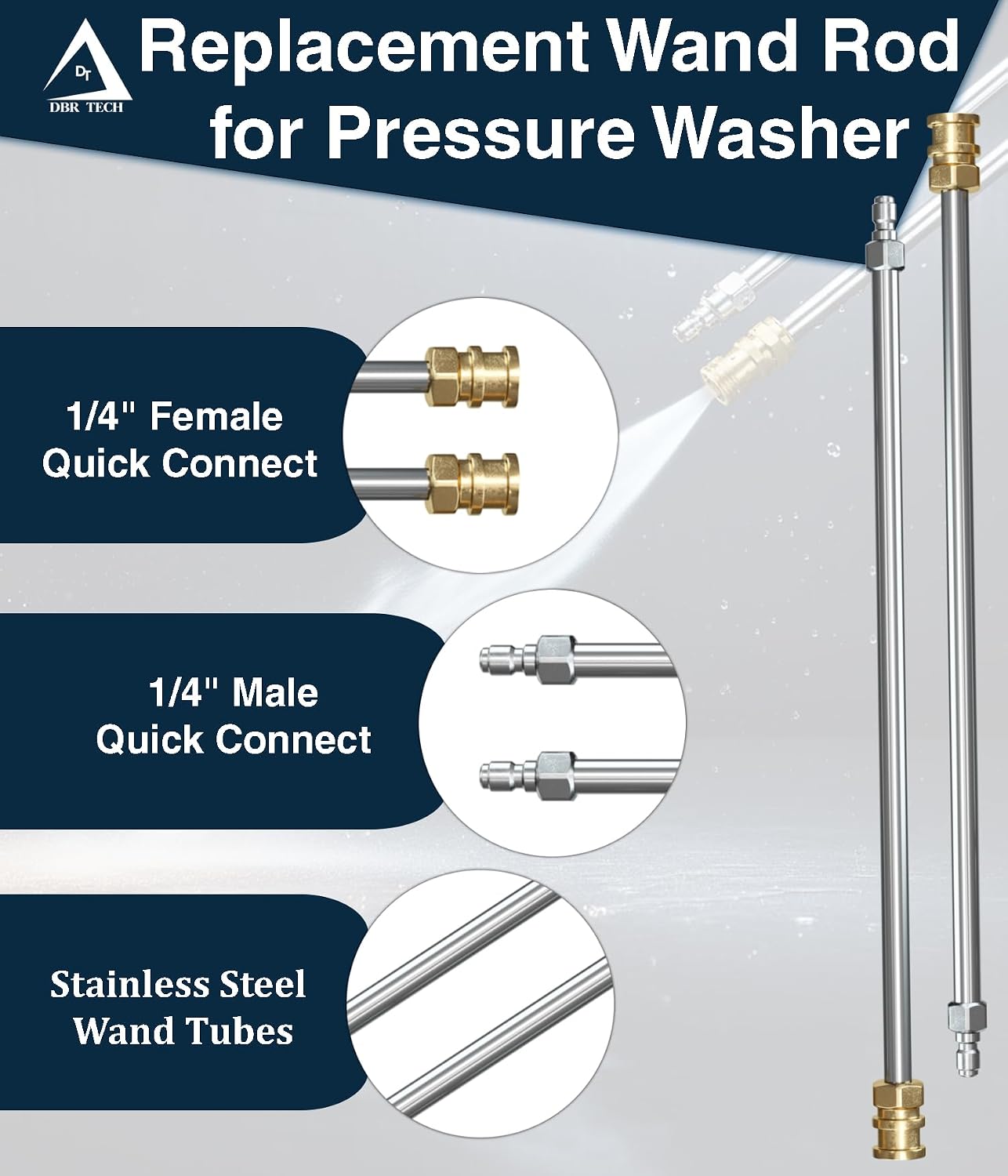 DBR Tech® Pressure Washer Extension Wand 17 Inch – Power Washer Wand Extension for Car Wash, Driveway & Siding – Pressure Washer Wand Replacement with 1/4” Quick Connect Plug, Up to 4500 PSI, Set of 2