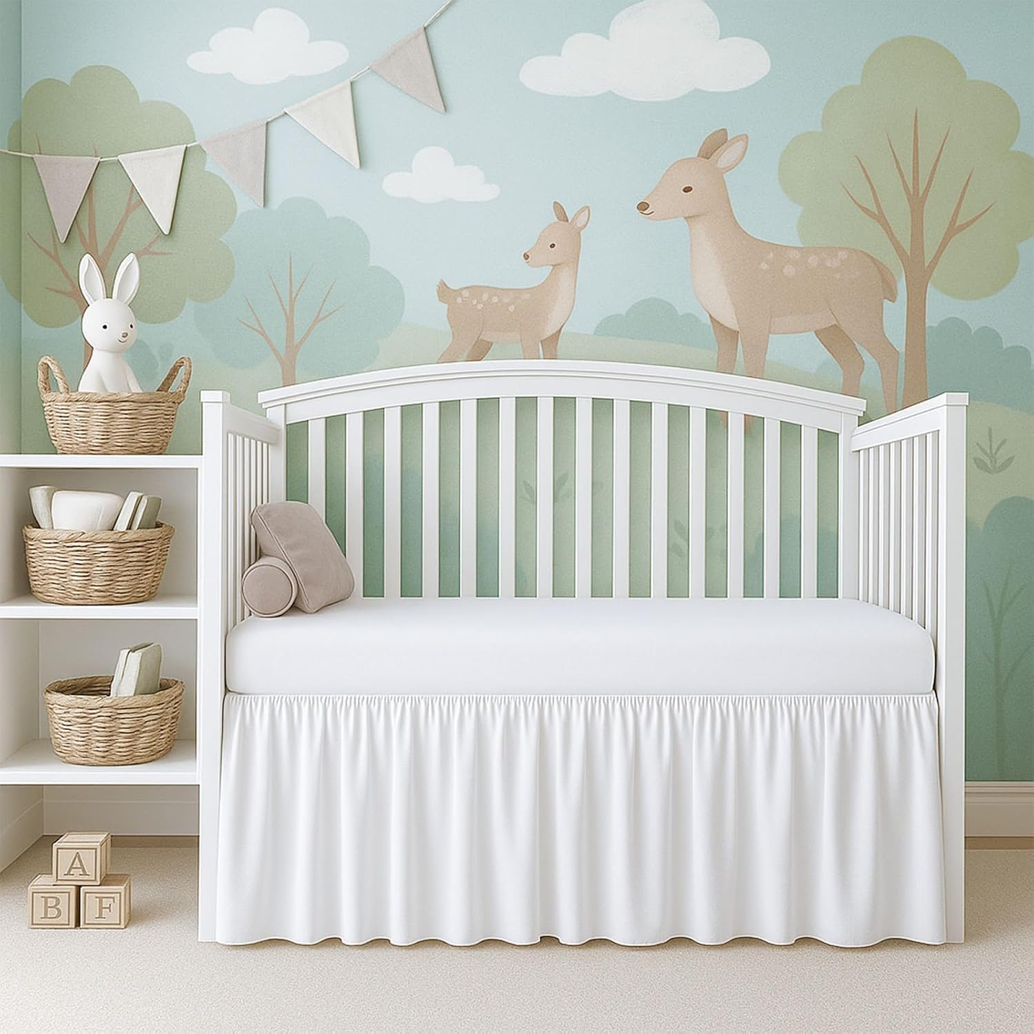 Cottignton Lane Ruffled Crib Bed Skirt, Soft Nursery Bedding in 100% Natural Cotton, Platform Style with 4-Sided Coverage & Split Corners – Fits Standard Cribs 28" x 52" with 14" Drop, White