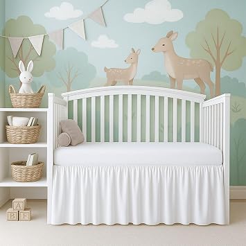 Cottignton Lane Ruffled Crib Bed Skirt, Soft Nursery Bedding in 100% Natural Cotton, Platform Style with 4-Sided Coverage & Split Corners Fits Standard Cribs 28" x 52" with 14" Drop, White