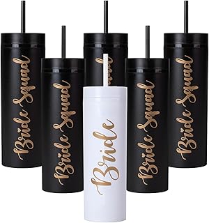 6 Pack Bride to Be Skinny Tumbler | 16 oz Bride Squad Tumblers | Bachelorette Party Cups | Engagement Wedding Gifts Bridesmaids Mugs & Party Supplies (Black)
