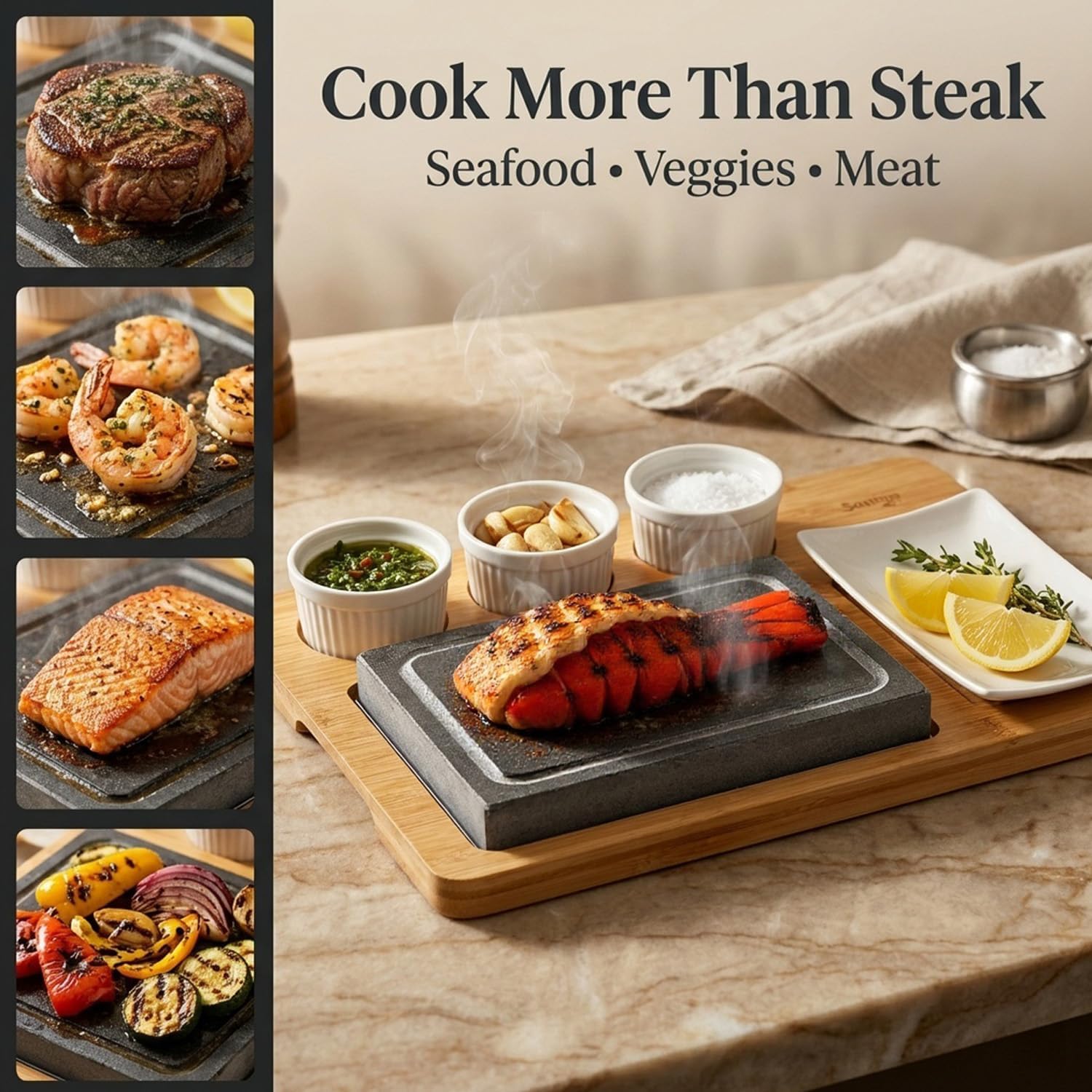 Artestia Volcanic Lava Rock Cooking Stone for Steak - 2pcs 8.46×6.49in Stones with 1 Bamboo Tray, 3 Sauces Bowls, Tabletop Grill & BBQ Hot Steak Stones for Indoor Outdoor Use - Upgraded Version