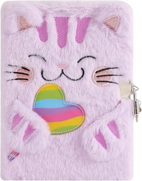 Purple Cat Diary with Lock for Girls, for Writing and Drawing | Secret Journal for Kids Hardcover Fluffy Smiling Cat Notebook