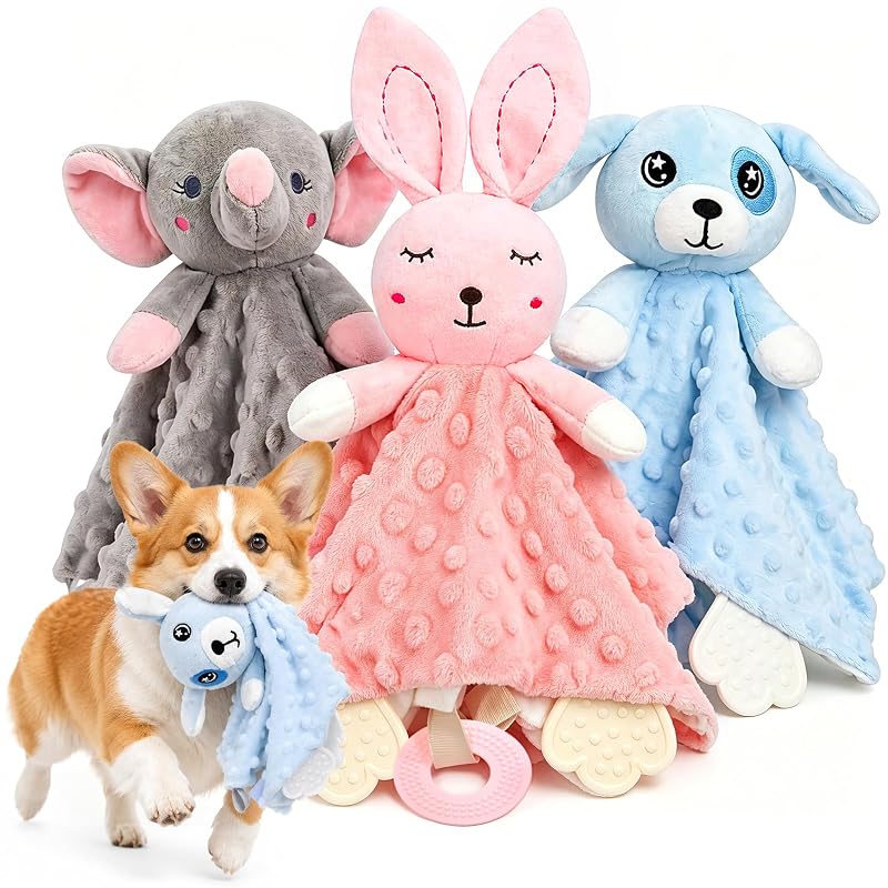 Brinquedos para Mastigar para Filhotes com Pelúcia, Sino e Anel de Silicone BluPup, Pacote com 3