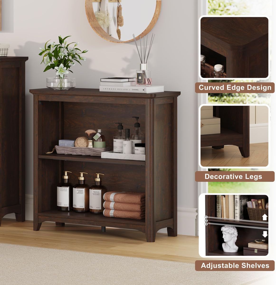 BON AUGURE Wooden Bookshelf Bookcase, 2-Tier Compact Wood Book Shelf with Adjustable Display Storage Shelves, Floor Standing Book Case for Living Room, Office, Brown Cherry