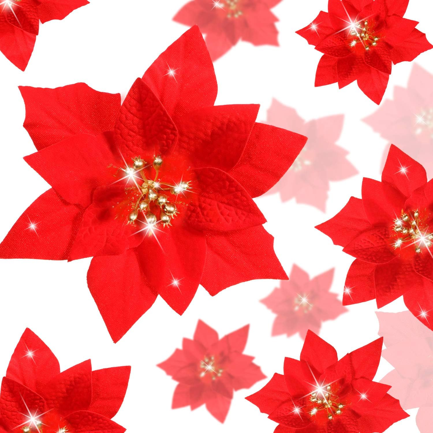WILLBOND 36 Pieces Glitter Poinsettia Christmas Tree Ornament Decor - Artificial Flowers, 3/4/6 Inches (Red, Christmas Style)