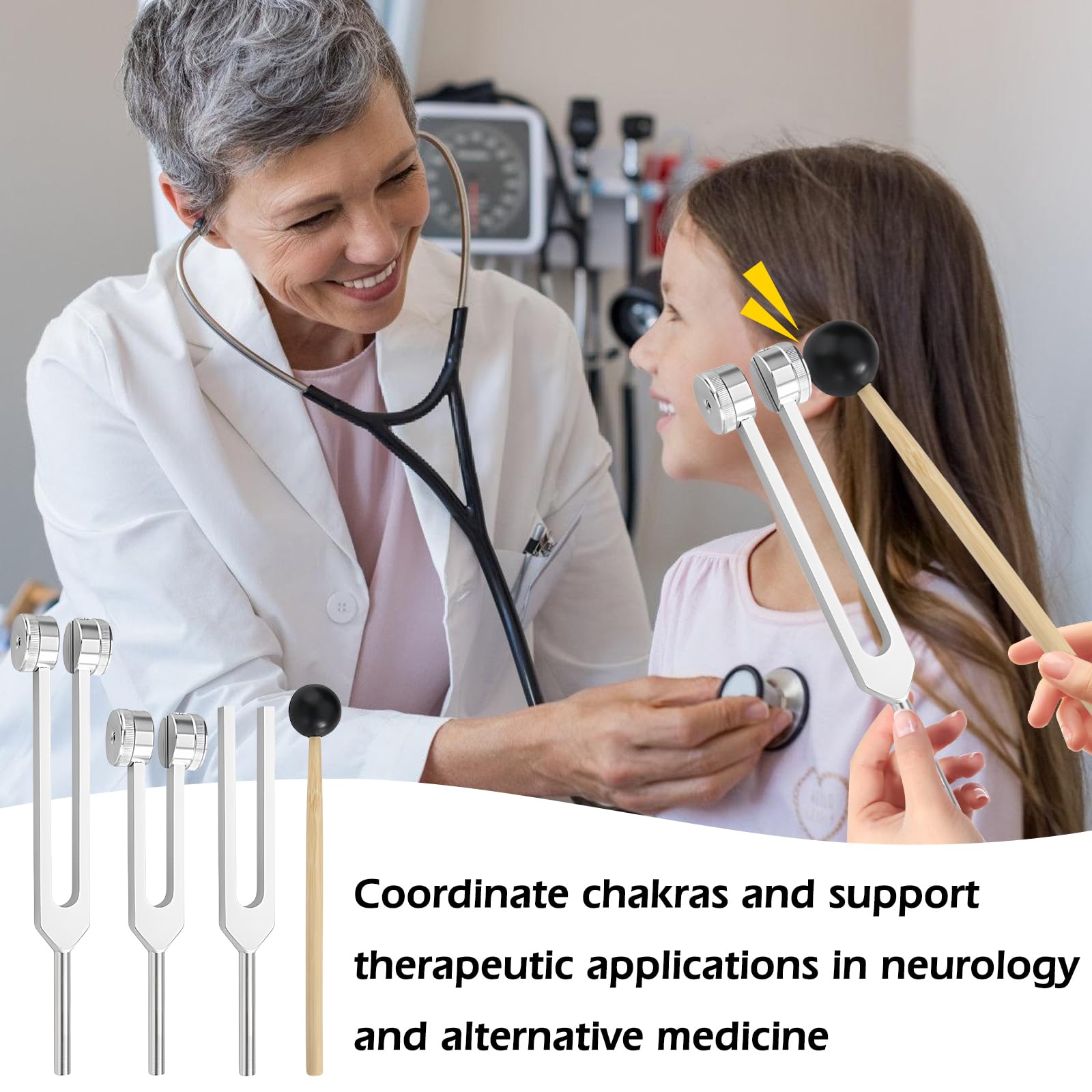 Juego de diapasón, diapasón neurología con martillo pequeño, diapasones para curación (128 Hz, 256 Hz, 512 Hz), diapasón de terapia, terapia de chakras, terapia de sonido, antiestrés